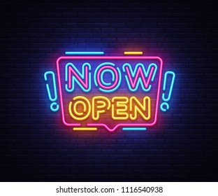 Now Open neon signs vector. Now Open Design template neon sign, light banner, neon signboard, nightly bright advertising, light inscription. Vector illustration