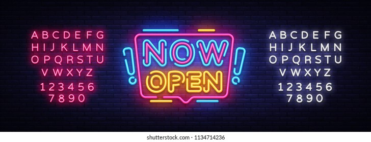 Now Open neon signs vector. Now Open Design template neon sign, light banner, neon signboard, nightly bright advertising, light inscription. Vector illustration. Editing text neon sign