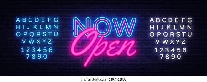 Now Open neon text vector design template. Now Open neon logo, light banner design element colorful modern design trend, night bright advertising, bright sign. Vector. Editing text neon sign