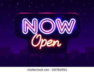 Now Open neon text vector design template. Now Open neon logo, light banner design element, night bright advertising, bright sign. Vector illustration