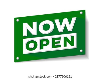 Now open notice sign for entance door or website. Vector sticker on transparent background