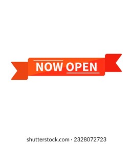 Now Open In Orange Duo Color And Rectangle Ribbon Shape With White Line For Announcement
