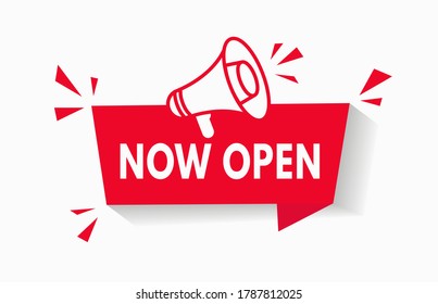 Now Open Red Banner With Megaphone Sign For Notification Tag Vector Background. Poster Of Grand Opening For Business Advertising. Website Store Notice Badge Design Concept Of Event Announcement. V1