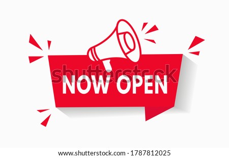 Now Open Red Banner With Megaphone sign for notification tag vector background. Poster of grand opening for business advertising. Website store notice badge design concept of event announcement. V1