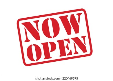 NOW OPEN Red Rubber Stamp vector over a white background.
