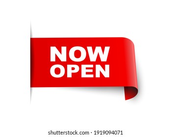 Now Open Ribbon. Now Open Isolated Band Sign. Now Open Banner
