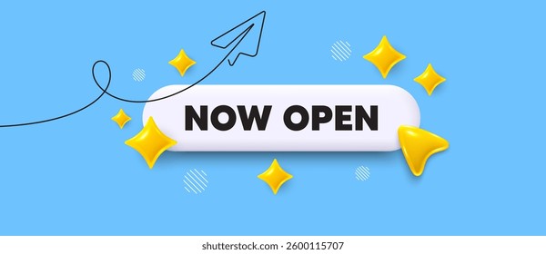 Now open search bar. Share plane line icon. Now open. Promotion new business sign. Welcome advertising symbol. Search button with 3d sparkles. Vector
