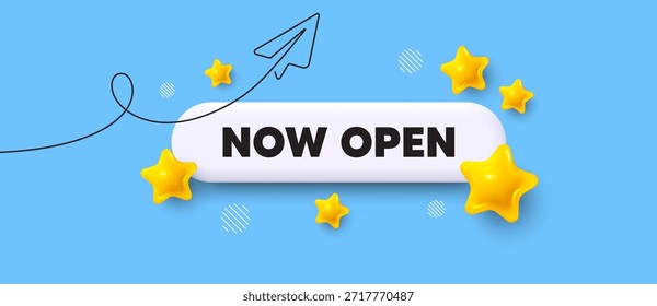 Now open search bar. Share plane line icon. Now open. Promotion new business sign. Welcome advertising symbol. Search button with 3d stars. Vector