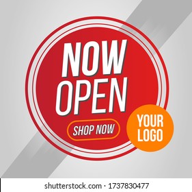Now open shop or new store red and orange color sign on white background.Template design for opening event.Can be used for poster ,flyer , banner.