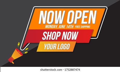 Now Open Shop Or New Store Red And Orange Color Sign On Black Background.Template Design For Opening Event.Can Be Used For Poster ,flyer , Banner.