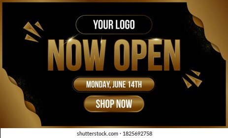 Now open shop or new store gold and black color luxury sign on black background.Template design crown and falling gold confetti and balloons for opening event.Can be used for poster ,flyer , banner.