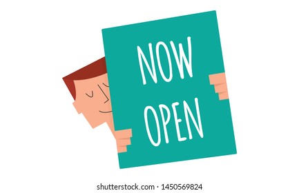 now open sign on a board vector illustration. Man holding a sign "now open". Business and Digital marketing concept for website and banners promotions.