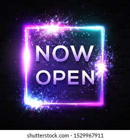 Now Open square neon sign on black brick wall. Color light rectangle background with shining stars glowing text. Retro night bar store shop signage. Bright frame. Vintage signboard vector illustration