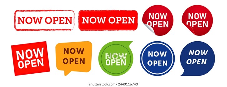 now open stamp and speech bubble labels ticker sign promotion marketing offer sale