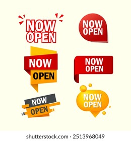 Now open tag, label, badge, sticker with offer message icon vector design. Promotion business marketing symbol, sign, banner template.