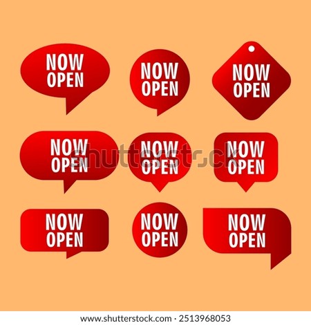 Now open tag, label, badge, sticker with offer message icon vector design. Promotion business marketing symbol, sign, banner template.