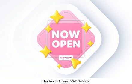 Now open tag. Neumorphic promotion banner. Promotion new business sign. Welcome advertising symbol. Now open message. 3d stars with cursor pointer. Vector
