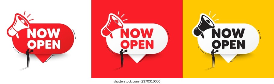 Now open tag. Speech bubble with megaphone and woman silhouette. Promotion new business sign. Welcome advertising symbol. Now open chat speech message. Woman with megaphone. Vector