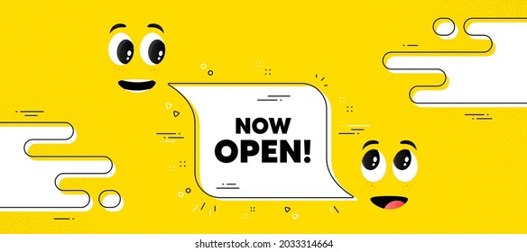 Ahora abra el texto. Caricatura frente al fondo de la burbuja de chat. Promoción de nuevo signo de negocio. Símbolo publicitario de bienvenida. Ahora abra el mensaje de chat. Cara de sonrisa de carácter. Vector