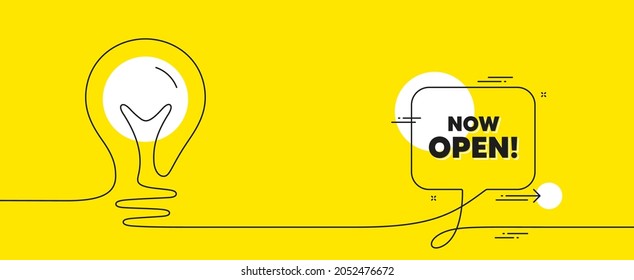 Now open text. Continuous line idea chat bubble banner. Promotion new business sign. Welcome advertising symbol. Now open chat message lightbulb. Idea light bulb yellow background. Vector