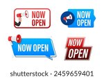 Now open text with Megaphone label set. Megaphone in hand promotion banner. Marketing and advertising