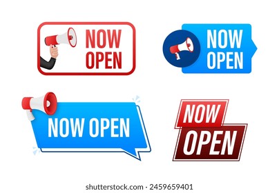 Now open text with Megaphone label set. Megaphone in hand promotion banner. Marketing and advertising