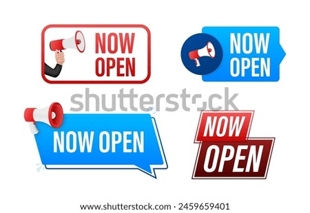 Now open text with Megaphone label set. Megaphone in hand promotion banner. Marketing and advertising