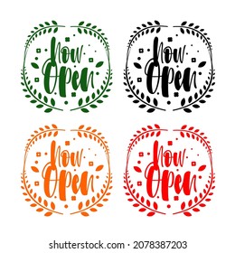 now open text nature bundle with different color, realistic design template illustration. shop and business open sign vector illustration. Eps file