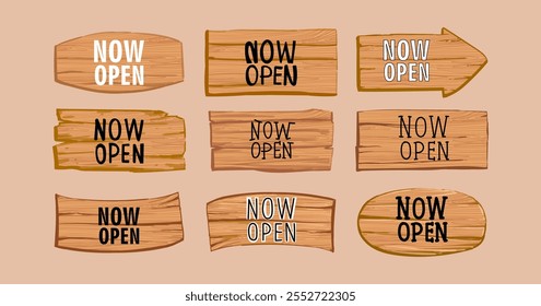 Now open text, tag on woodboard, wooden signboards natural texture icon element vector set.