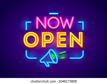 Now Open Typography, Glowing Neon Banner Isolated on Blue Background. Sign for Store, Shop Door or Business Company Service. Design Label or Placard for Restaurant or Supermarket. Vector Illustration