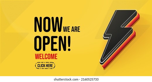 Now open welcome banner template with flash. Template design for opening event vector illustration. New shop store invitation. Sale advertisement flash website header