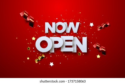 Now Open white sign on red background with glittering confetti and streamers. Vector 3d illustration. White paper letters label. Open business concept. Access tag. Store badge