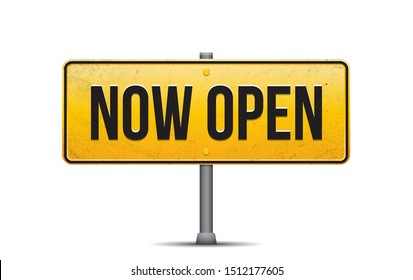 NOW OPEN word concept. Now open traffic sign isolated on a white background. Vector illustration.