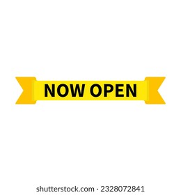 Now Open In Yellow Color And Ribbon Rectangle Shape For Announcement
