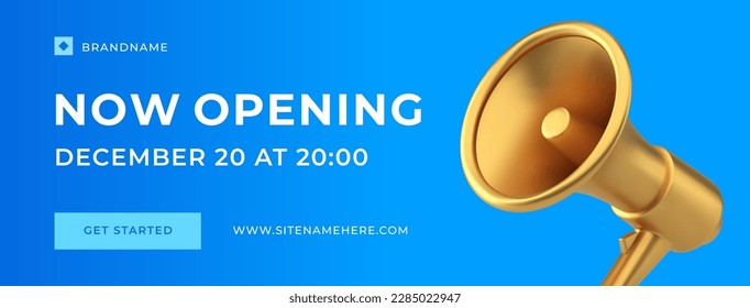 Now opening marketing promo announce golden bullhorn megaphone public advertising social media banner 3d icon vector illustration. Shopping sale discount internet advertisement voice message