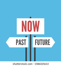 Now, past and future signs on blue background. Present moment, destiny, life, psychology, focus and time concept. Flat design. EPS 8 vector illustration, no transparency