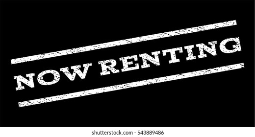 Now Renting watermark stamp. Text caption between parallel lines with grunge design style. Rubber seal stamp with unclean texture. Vector white color ink imprint on a black background.