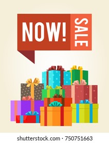 Now sale save push buttons promo label on banner gift boxes vector illustration poster with piles of presents in color wrapping paper decorated by bows