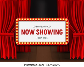 Now Showing announcement board with bulb frame on curtains background. Vector Illustration EPS10
