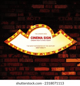 Now Showing announcement board with bulb frame on the background of a vintage brick wall. Vector Illustration EPS10