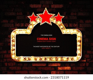 Now Showing announcement board with bulb frame on the background of a vintage brick wall. Vector Illustration EPS10