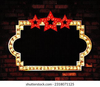 Now Showing announcement board with bulb frame on the background of a vintage brick wall. Vector Illustration EPS10