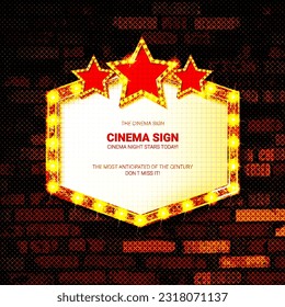 Now Showing announcement board with bulb frame on the background of a vintage brick wall. Vector Illustration EPS10
