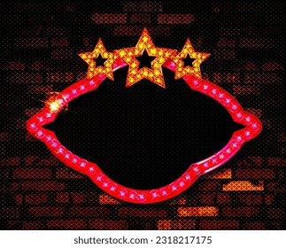 Now Showing announcement board with bulb frame on the background of a vintage brick wall. Vector Illustration EPS10