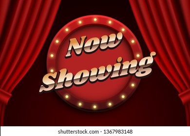 Now showing circle banner with red curtains, abstract cinema background