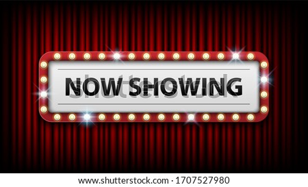 Now showing with electric bulbs frame on red curtain background, vector illustration