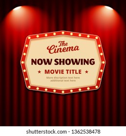 Now showing movie in cinema poster design. retro billboard sign with spotlights and theater curtain background vector illustration