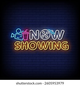 now showing neon sign with brick wall background vector