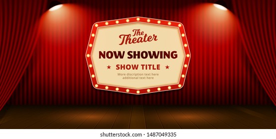 Now Showing retro classic sign board background design. red theater stage curtain backdrop with wooden floor base and double bright spotlight lamp vector illustration. poster banner template.