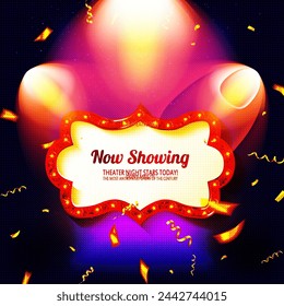 Now Showing retro classic sign board background design. pink and purple theater stage curtain backdrop with wooden floor base and double bright spotlight lamp vector illustration. poster banner 